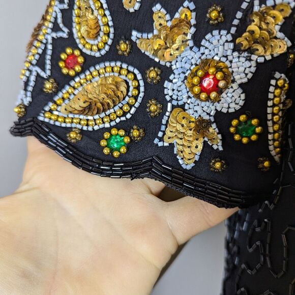 Leslie Fay Beaded Cocktail Dress Black Gold 16 Vintage Glam - Picture 5 of 10